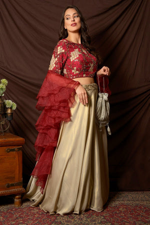 Buy gorgeous maroon and grey embroidered shimmer and chiffon lehenga online in USA. Shine at weddings and special occasions with beautiful Indian designer dresses, gowns, lehengas from Pure Elegance Indian clothing store in USA.-right side