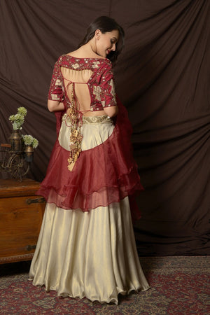 Buy gorgeous maroon and grey embroidered shimmer and chiffon lehenga online in USA. Shine at weddings and special occasions with beautiful Indian designer dresses, gowns, lehengas from Pure Elegance Indian clothing store in USA.-back