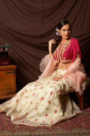 Shop gorgeous pink peplum cape embroidered organza lehenga online in USA. Shine at weddings and special occasions with beautiful Indian designer dresses, gowns, lehengas from Pure Elegance Indian clothing store in USA.-closeup