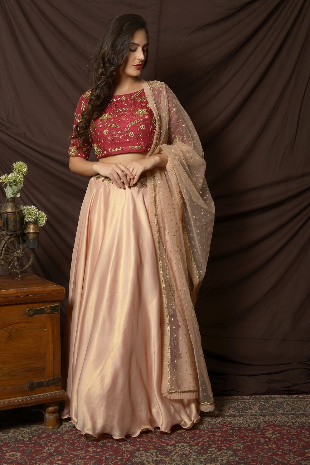 Buy stunning peach and red embroidered shimmer chiffon lehenga online in USA with dupatta. Shine at weddings and special occasions with beautiful Indian designer dresses, gowns, lehengas from Pure Elegance Indian clothing store in USA.-front