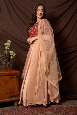 Buy stunning peach and red embroidered shimmer chiffon lehenga online in USA with dupatta. Shine at weddings and special occasions with beautiful Indian designer dresses, gowns, lehengas from Pure Elegance Indian clothing store in USA.-side
