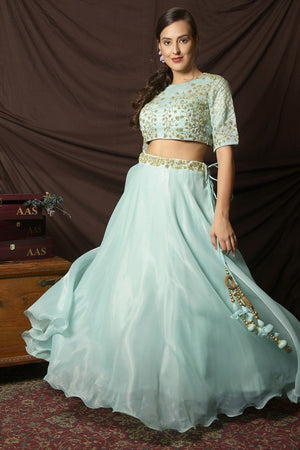 Buy beautiful light blue embroidered organza lehenga online in USA with sequin dupatta. Shine at weddings and special occasions with beautiful Indian designer dresses, gowns, lehengas from Pure Elegance Indian clothing store in USA.-without dupatta