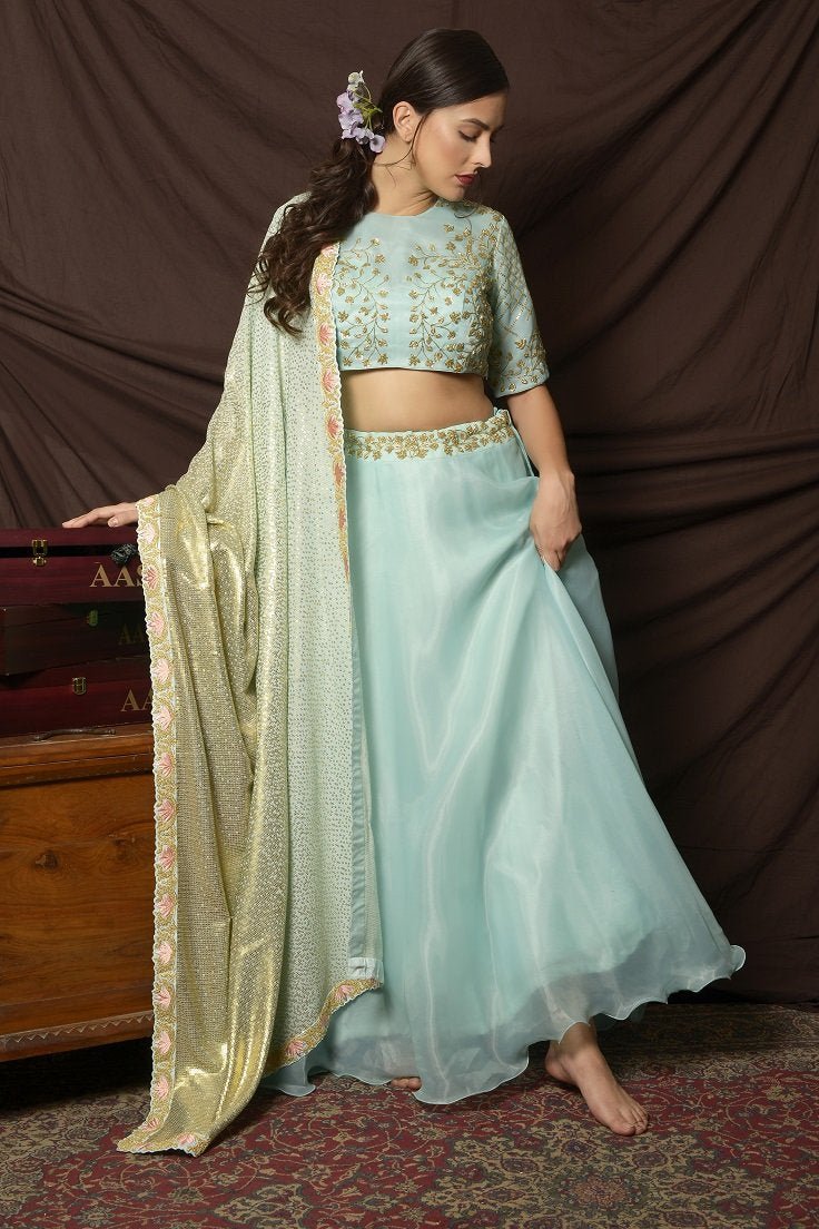 Buy beautiful light blue embroidered organza lehenga online in USA with sequin dupatta. Shine at weddings and special occasions with beautiful Indian designer dresses, gowns, lehengas from Pure Elegance Indian clothing store in USA.-front