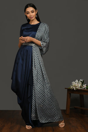 Shop gorgeous navy blue satin suit online in USA with grey dupatta and belt. Dazzle on weddings and special occasions with exquisite Indian designer dresses, sharara suits, Anarkali suits, wedding lehengas from Pure Elegance Indian fashion store in USA.-front