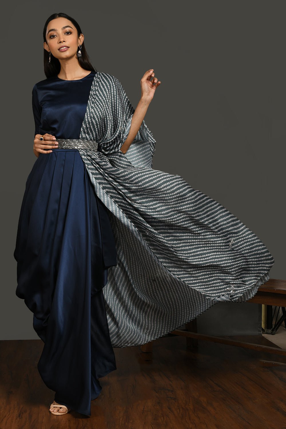 Shop gorgeous navy blue satin suit online in USA with grey dupatta and belt. Dazzle on weddings and special occasions with exquisite Indian designer dresses, sharara suits, Anarkali suits, wedding lehengas from Pure Elegance Indian fashion store in USA.-full view