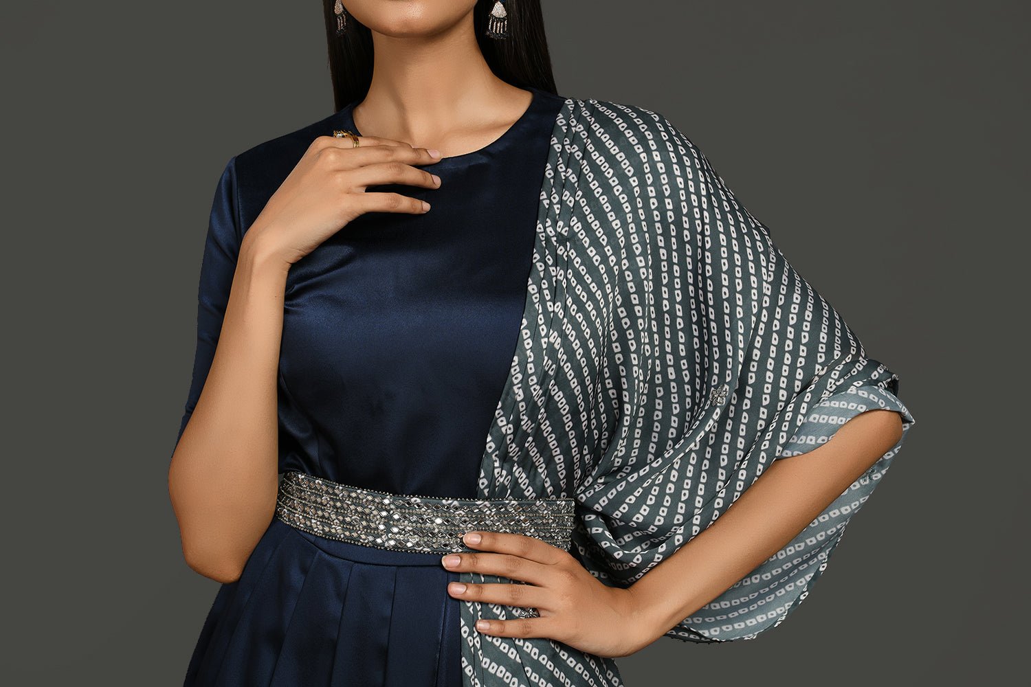 Shop gorgeous navy blue satin suit online in USA with grey dupatta and belt. Dazzle on weddings and special occasions with exquisite Indian designer dresses, sharara suits, Anarkali suits, wedding lehengas from Pure Elegance Indian fashion store in USA.-dupatta