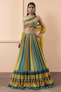 Shop beautiful green and mustard sripes bandhej one shoulder lehenga online in USA with dupatta. Dazzle on weddings and special occasions with exquisite Indian designer dresses, sharara suits, Anarkali suits, wedding lehengas from Pure Elegance Indian fashion store in USA.-lehenga