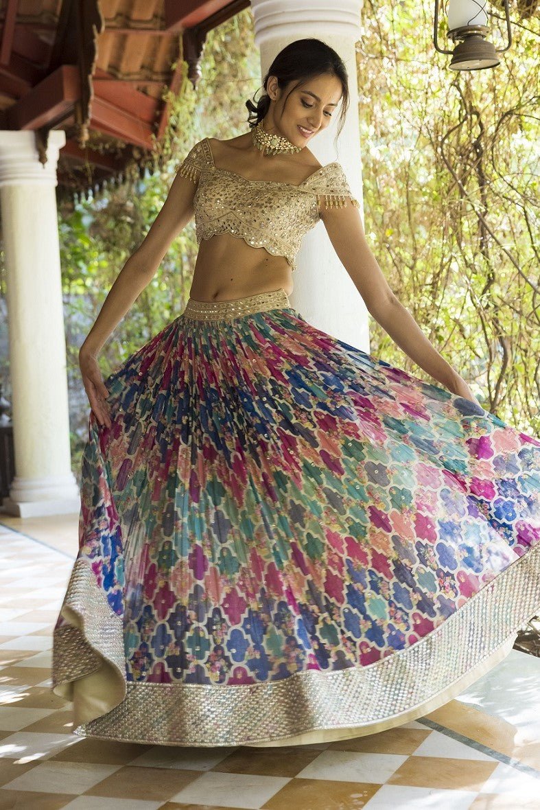 Buy stunning multicolor lehenga online in USA with off-shoulder blouse. Dazzle on weddings and special occasions with exquisite Indian designer dresses, sharara suits, Anarkali suits, wedding lehengas from Pure Elegance Indian fashion store in USA.-skirt