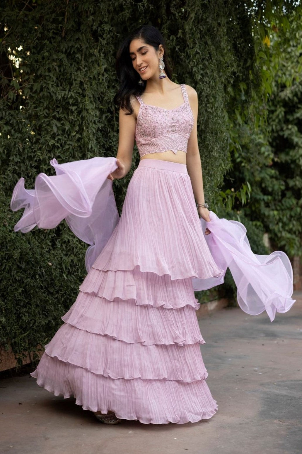 Buy stunning lavender layered designer lehenga online in USA with dupatta. Dazzle on weddings and special occasions with exquisite Indian designer dresses, sharara suits, Anarkali suits, wedding lehengas from Pure Elegance Indian fashion store in USA.-full view