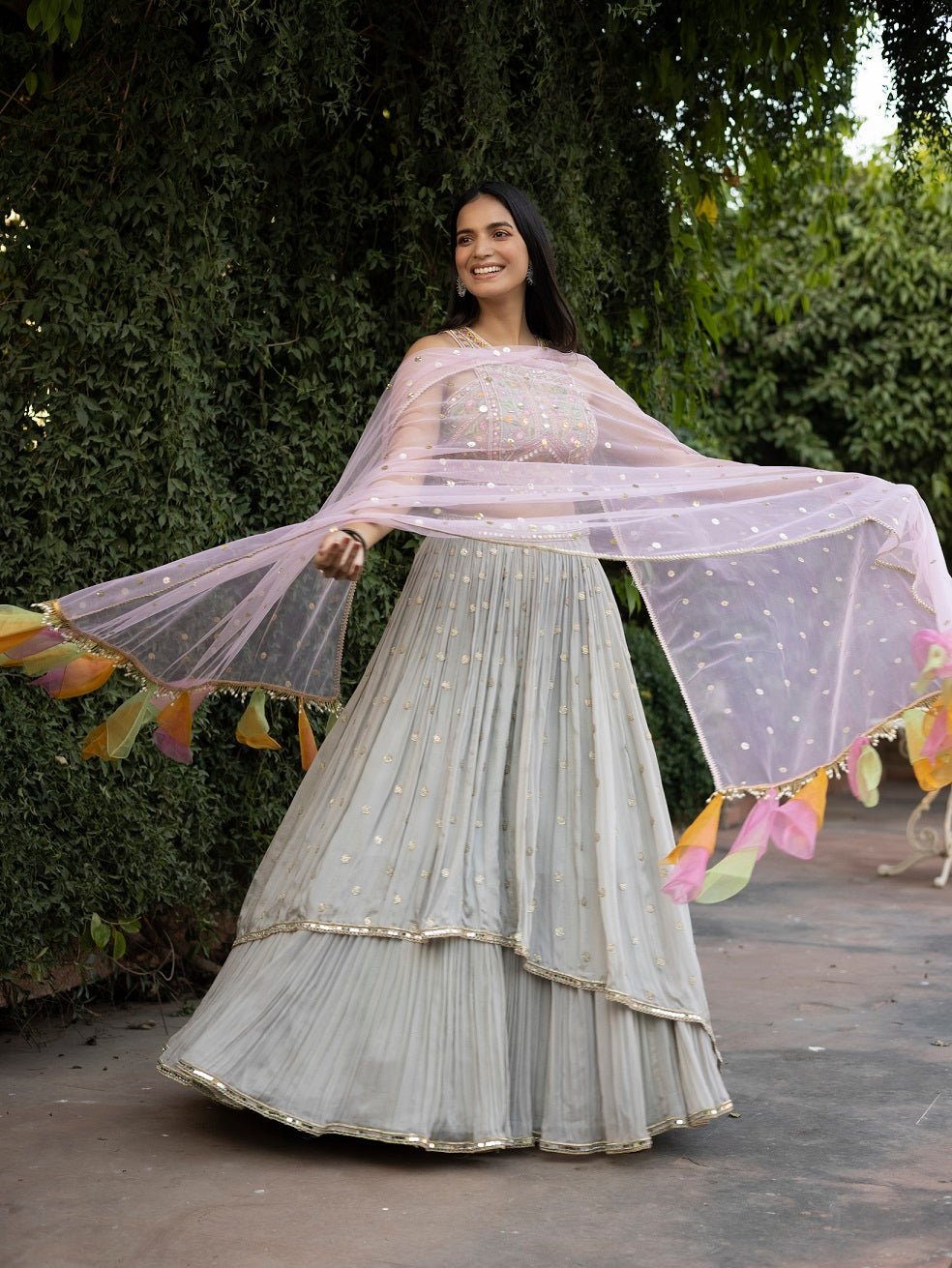 Buy beautiful pastel grey multi thread designer lehenga online in USA with dupatta. Dazzle on weddings and special occasions with exquisite Indian designer dresses, sharara suits, Anarkali suits, wedding lehengas from Pure Elegance Indian fashion store in USA.-full view