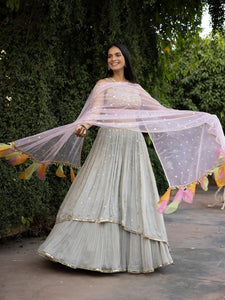 Buy beautiful pastel grey multi thread designer lehenga online in USA with dupatta. Dazzle on weddings and special occasions with exquisite Indian designer dresses, sharara suits, Anarkali suits, wedding lehengas from Pure Elegance Indian fashion store in USA.-full view
