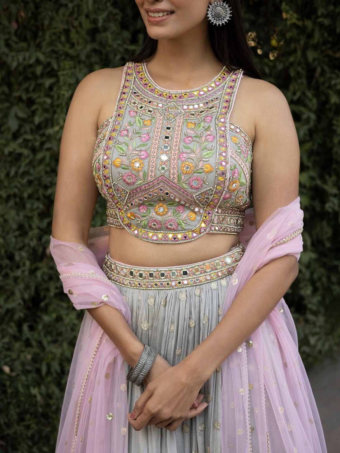 Buy beautiful pastel grey multi thread designer lehenga online in USA with dupatta. Dazzle on weddings and special occasions with exquisite Indian designer dresses, sharara suits, Anarkali suits, wedding lehengas from Pure Elegance Indian fashion store in USA.-blouse