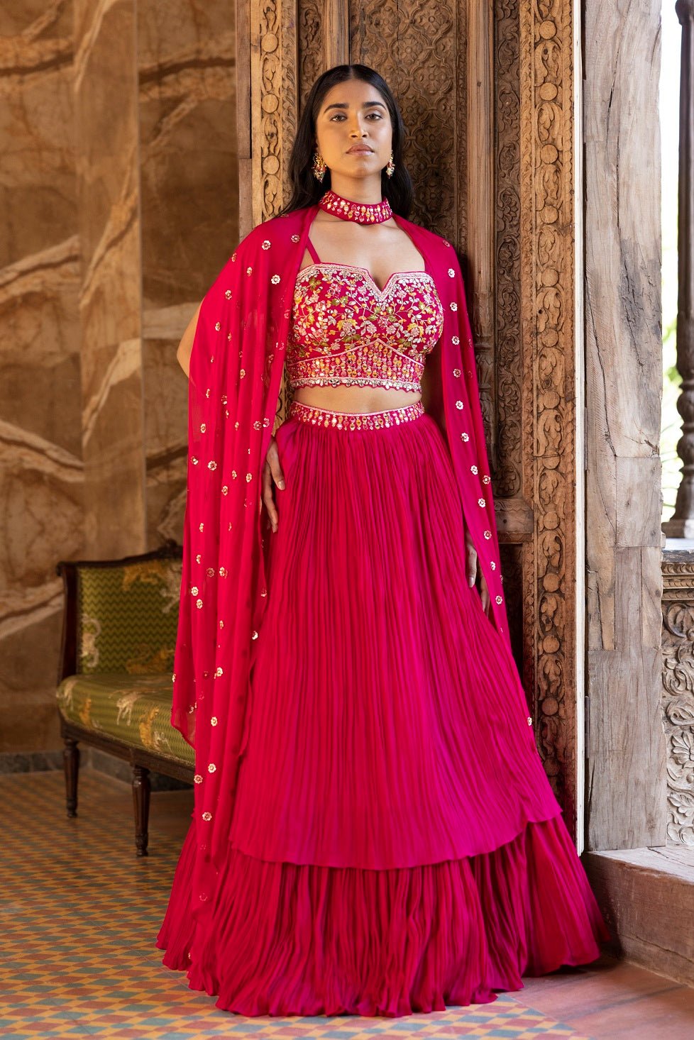 Buy beautiful rani pink embroidered lehenga online in USA with dupatta. Dazzle on weddings and special occasions with exquisite Indian designer dresses, sharara suits, Anarkali suits, bridal lehengas, sharara suits from Pure Elegance Indian clothing store in USA.-front
