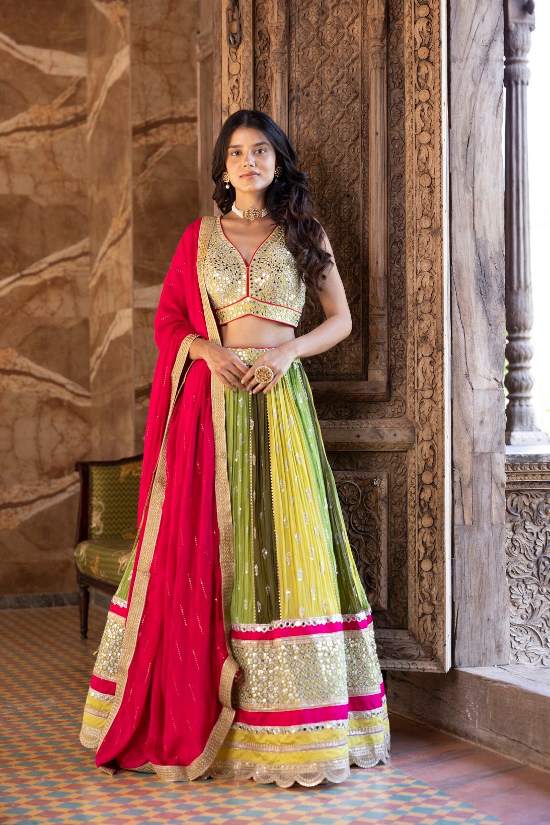 Buy multicolor zari and sequin work georgette lehenga online in USA with dupatta. Dazzle on weddings and special occasions with exquisite Indian designer dresses, sharara suits, Anarkali suits, bridal lehengas, sharara suits from Pure Elegance Indian clothing store in USA.-blouse