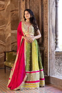 Buy multicolor zari and sequin work georgette lehenga online in USA with dupatta. Dazzle on weddings and special occasions with exquisite Indian designer dresses, sharara suits, Anarkali suits, bridal lehengas, sharara suits from Pure Elegance Indian clothing store in USA.-full view
