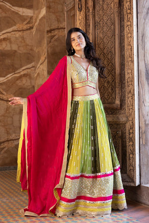 Buy multicolor zari and sequin work georgette lehenga online in USA with dupatta. Dazzle on weddings and special occasions with exquisite Indian designer dresses, sharara suits, Anarkali suits, bridal lehengas, sharara suits from Pure Elegance Indian clothing store in USA.-front