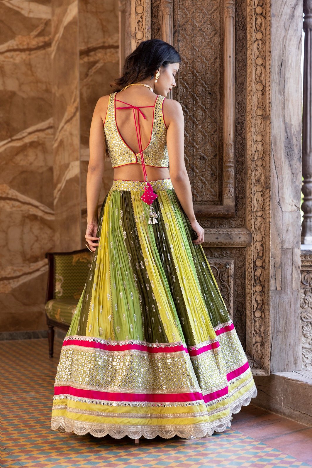 Buy multicolor zari and sequin work georgette lehenga online in USA with dupatta. Dazzle on weddings and special occasions with exquisite Indian designer dresses, sharara suits, Anarkali suits, bridal lehengas, sharara suits from Pure Elegance Indian clothing store in USA.-back