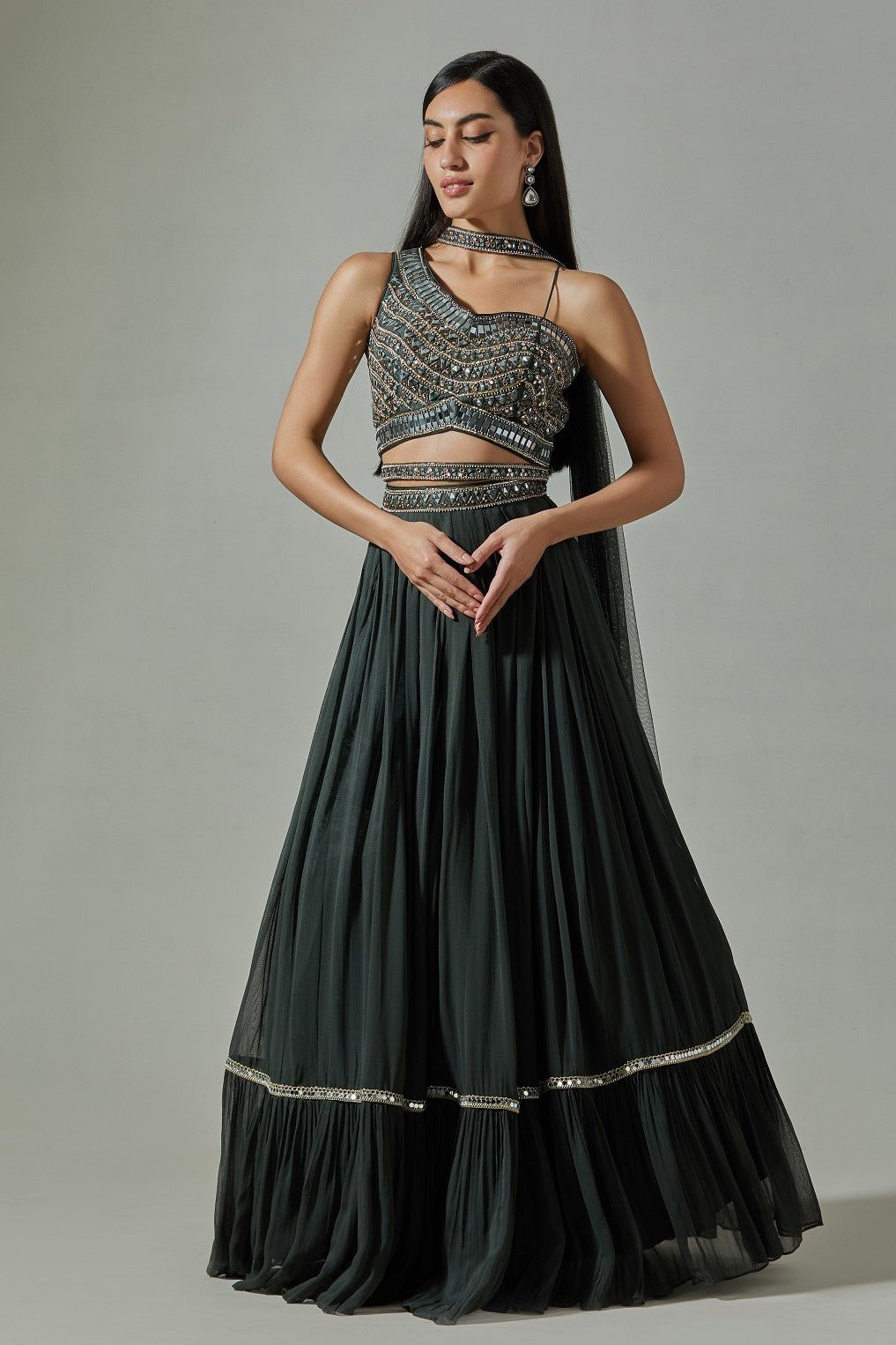 Buy beautiful black georgette designer lehenga online in USA with mirror work blouse. Dazzle on weddings and special occasions with exquisite Indian designer dresses, sharara suits, Anarkali suits, wedding lehengas from Pure Elegance Indian fashion store in USA.-full view