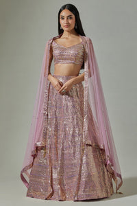 Buy beautiful lilac georgette foil work lehenga online in USA with net blouse. Dazzle on weddings and special occasions with exquisite Indian designer dresses, sharara suits, Anarkali suits, wedding lehengas from Pure Elegance Indian fashion store in USA.-full view