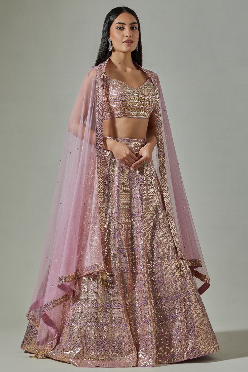 Buy beautiful lilac georgette foil work lehenga online in USA with net blouse. Dazzle on weddings and special occasions with exquisite Indian designer dresses, sharara suits, Anarkali suits, wedding lehengas from Pure Elegance Indian fashion store in USA.-lehenga