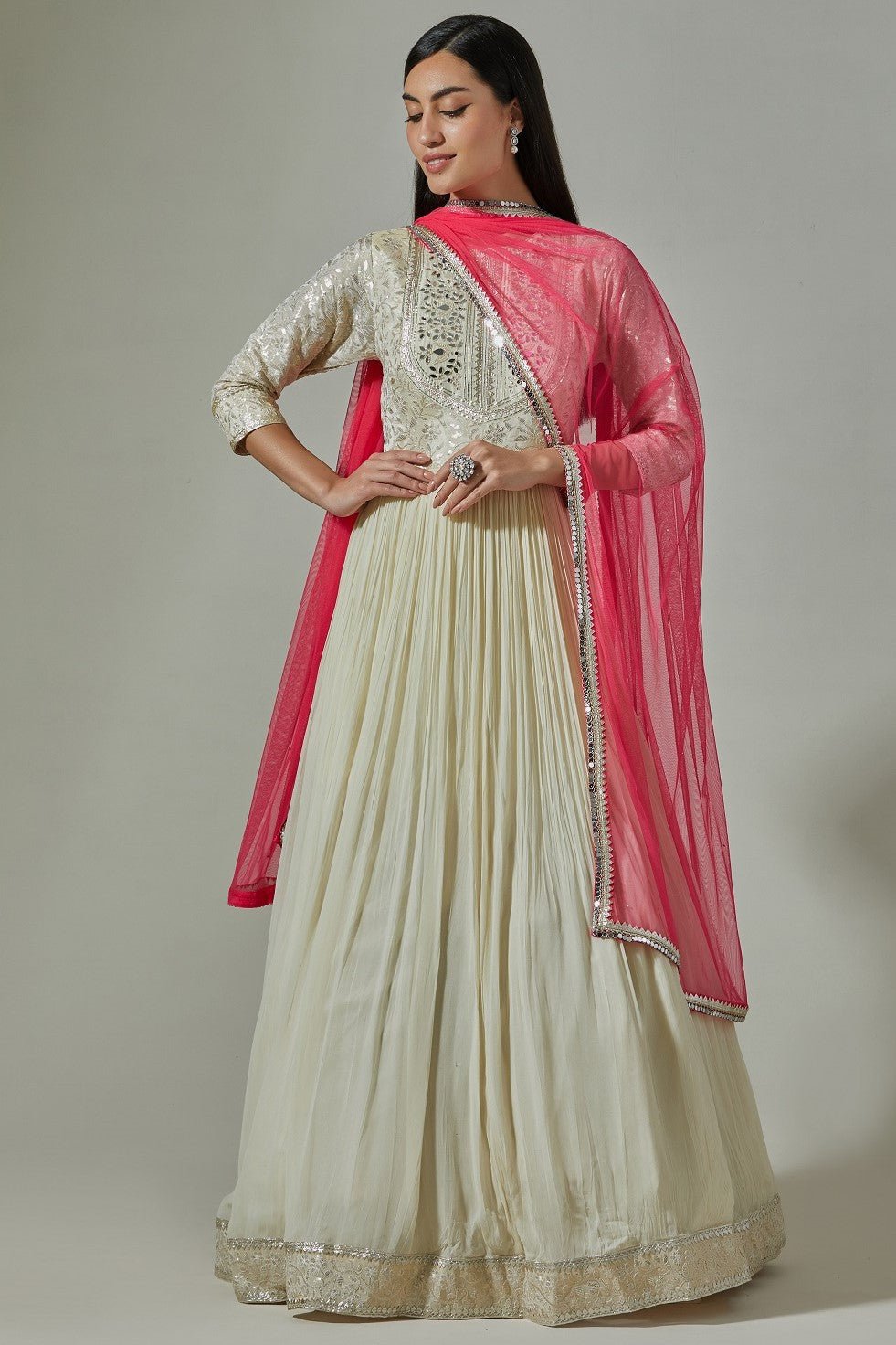 Buy beautiful ivory embroidered Anarkali online in USA with pink dupatta. Dazzle on weddings and special occasions with exquisite Indian designer dresses, sharara suits, Anarkali suits, wedding lehengas from Pure Elegance Indian fashion store in USA.-full view
