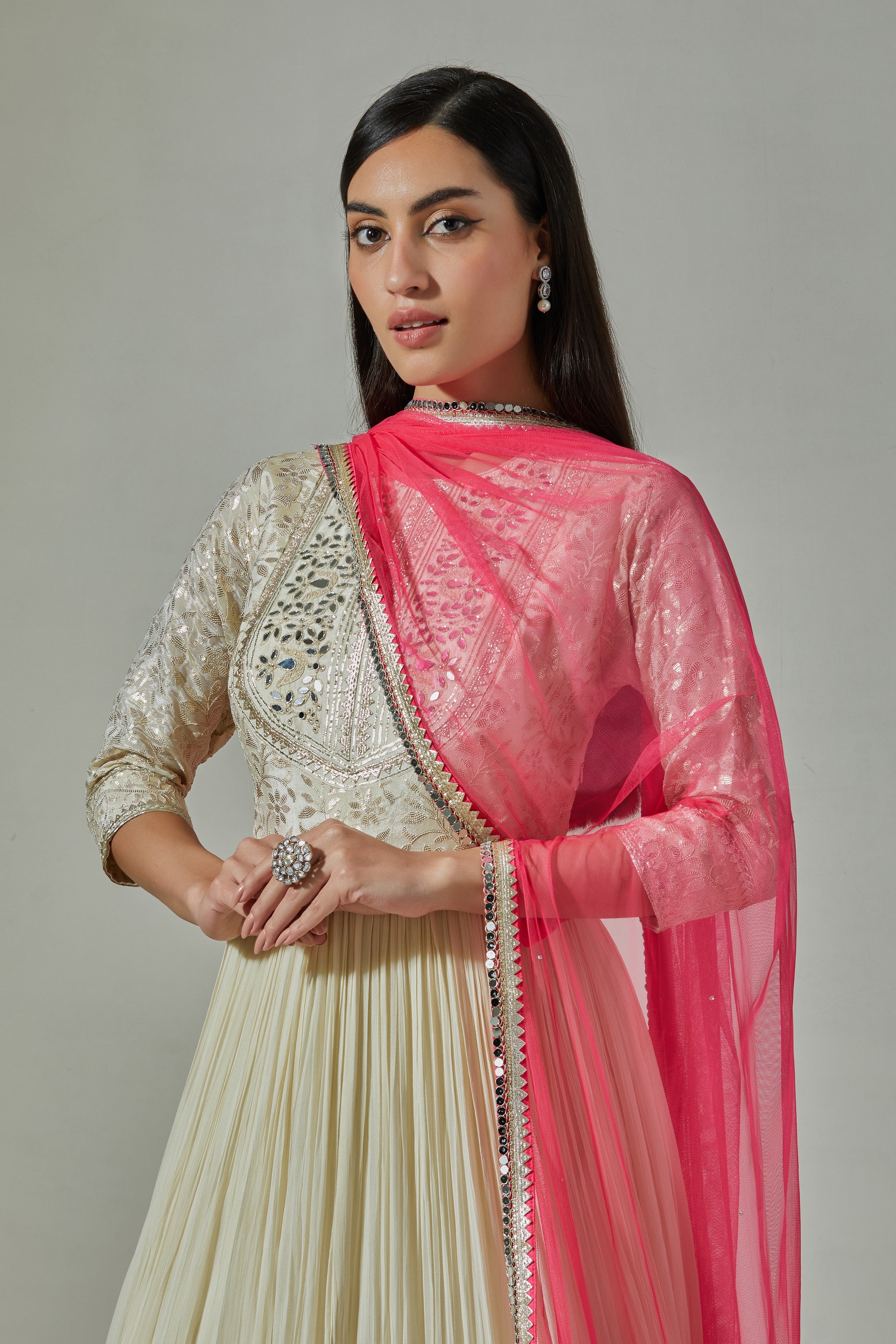 Buy beautiful ivory embroidered Anarkali online in USA with pink dupatta. Dazzle on weddings and special occasions with exquisite Indian designer dresses, sharara suits, Anarkali suits, wedding lehengas from Pure Elegance Indian fashion store in USA.-closeup