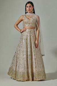 Shop beautiful beige embroidered lehenga online in USA with pale pink dupatta. Dazzle on weddings and special occasions with exquisite Indian designer dresses, sharara suits, Anarkali suits, wedding lehengas from Pure Elegance Indian fashion store in USA.-full view