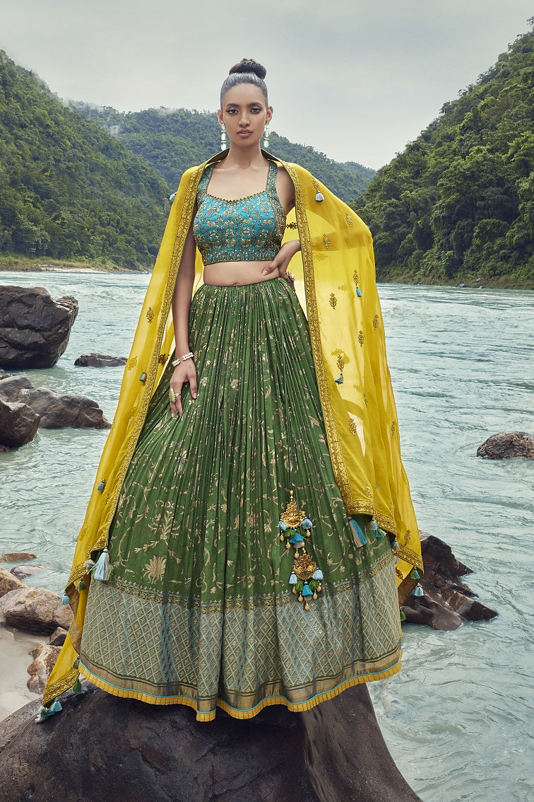 Teal Blue Stonework Silk Lehenga With Gold and Teal Mirror Blouse and –  Fabilicious Fashion