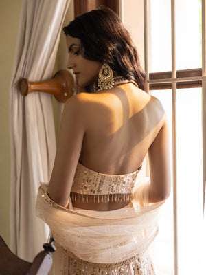 Shop look your best on wedding occasions in this beautiful nude color lehenga with mirror embroidery and a backless blouse. Dazzle on weddings and special occasions with exquisite Indian designer dresses, sharara suits, Anarkali suits, bridal lehengas, sharara suits from Pure Elegance Indian clothing store in the USA. Shop online from Pure Elegance.