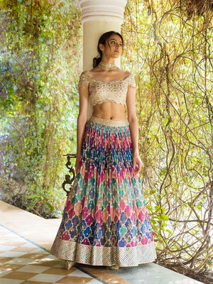 Buy stunning multicolor lehenga online in USA with off-shoulder blouse. Dazzle on weddings and special occasions with exquisite Indian designer dresses, sharara suits, Anarkali suits, wedding lehengas from Pure Elegance Indian fashion store in USA.-blouse
