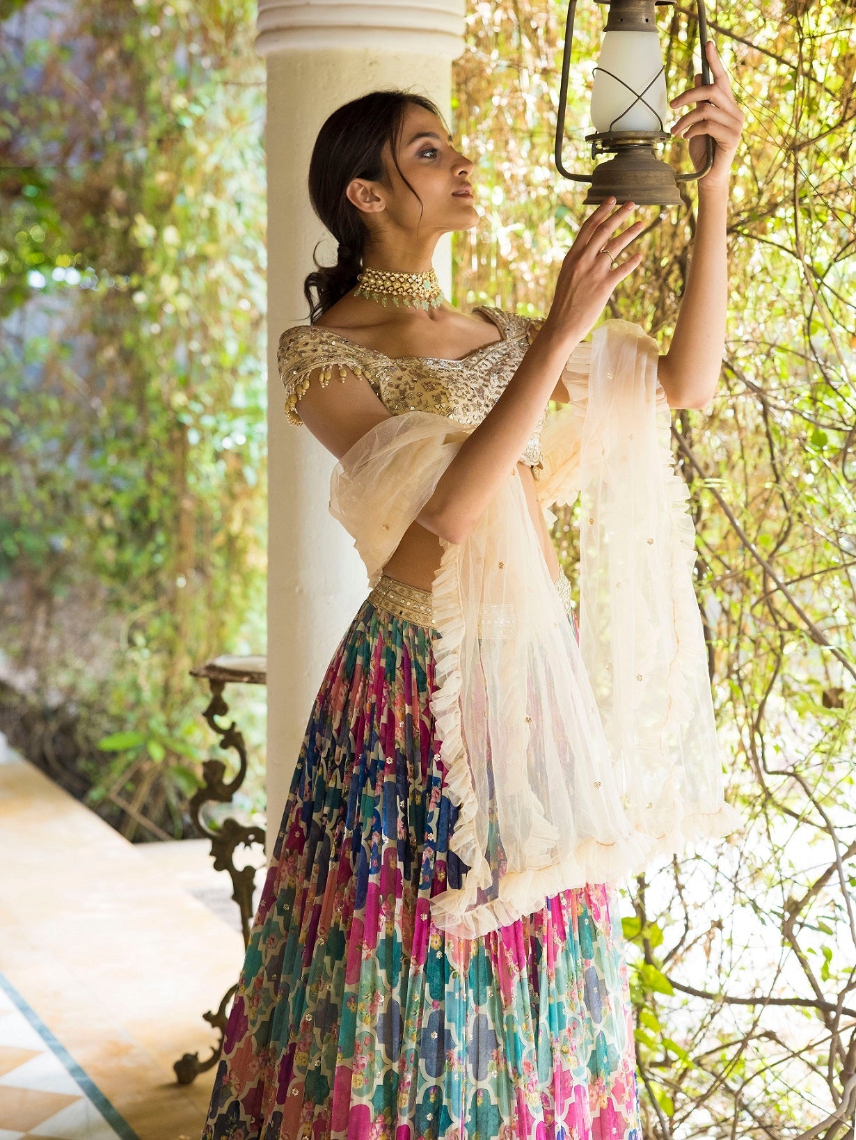 Buy stunning multicolor lehenga online in USA with off-shoulder blouse. Dazzle on weddings and special occasions with exquisite Indian designer dresses, sharara suits, Anarkali suits, wedding lehengas from Pure Elegance Indian fashion store in USA.-dupatta