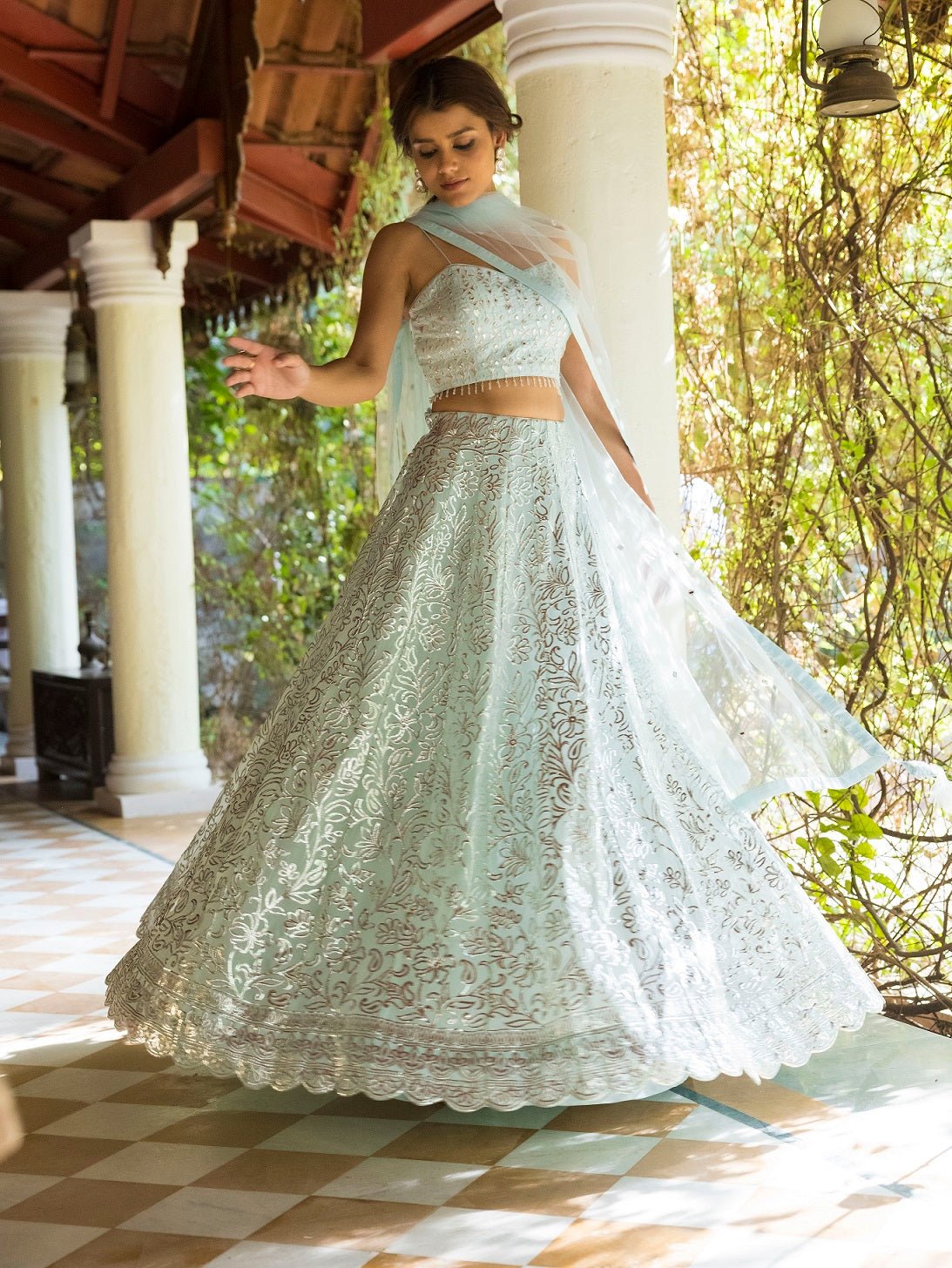 Shop beautiful ice blue 3D embroidery lehenga online in USA with dupatta. Dazzle on weddings and special occasions with exquisite Indian designer dresses, sharara suits, Anarkali suits, wedding lehengas from Pure Elegance Indian fashion store in USA.-skirt