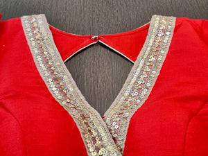 Buy stunning solid red designer saree blouse online in USA with embroidered lace. Elevate your ethnic sari style with a stunning collection of designer saree blouses, embroidered saree blouses, Banarasi sari blouse, silk sari blouse from Pure Elegance Indian clothing store in USA.-front