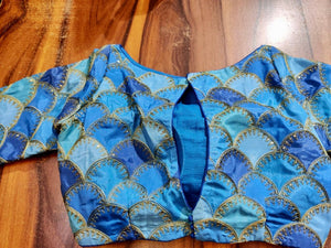 Buy beautiful blue fish scale design embroidered silk sari blouse online in USA. Elevate your ethnic saree style with a tasteful collection of designer saree blouses from Pure Elegance Indian clothing store in USA.-back