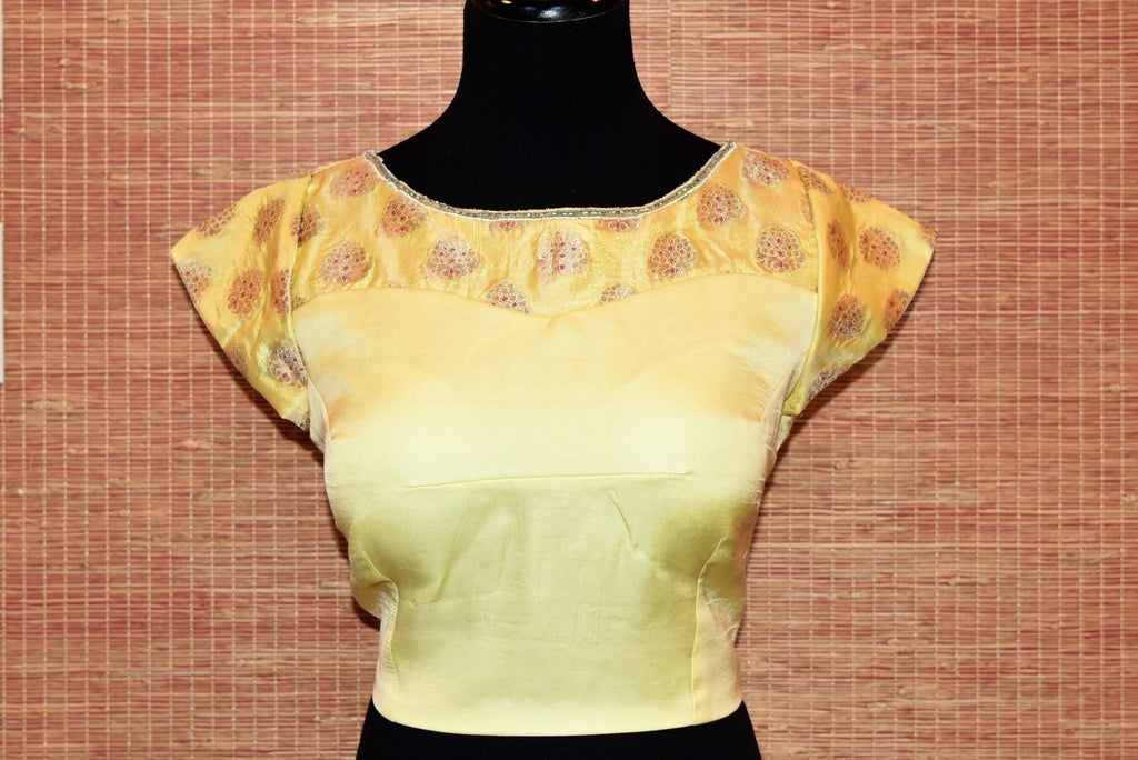 Buy yellow silk sari blouse online in USA with embroidered back. Elevate your ethnic saree style with a tasteful collection of designer saree blouses from Pure Elegance Indian clothing store in USA.-front