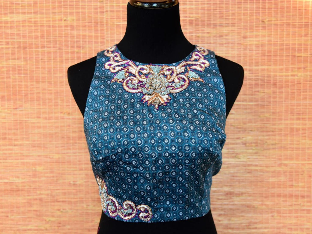 Buy blue embroidered silk sleeveless sari blouse online in USA. Elevate your ethnic saree style with a tasteful collection of designer saree blouses from Pure Elegance Indian clothing store in USA.-front