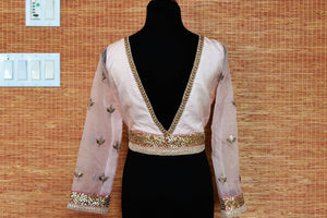 Shop powder pink embroidered raw silk sari blouse online in USA. Elevate your ethnic saree style with a tasteful collection of designer saree blouses from Pure Elegance Indian clothing store in USA.-back