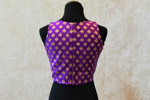 Shop this ethnic Indian purple designer blouse from Pure Elegance online or from our store in USA. Buta printed pre-stitched saree blouse ideal for any reception. Back View.