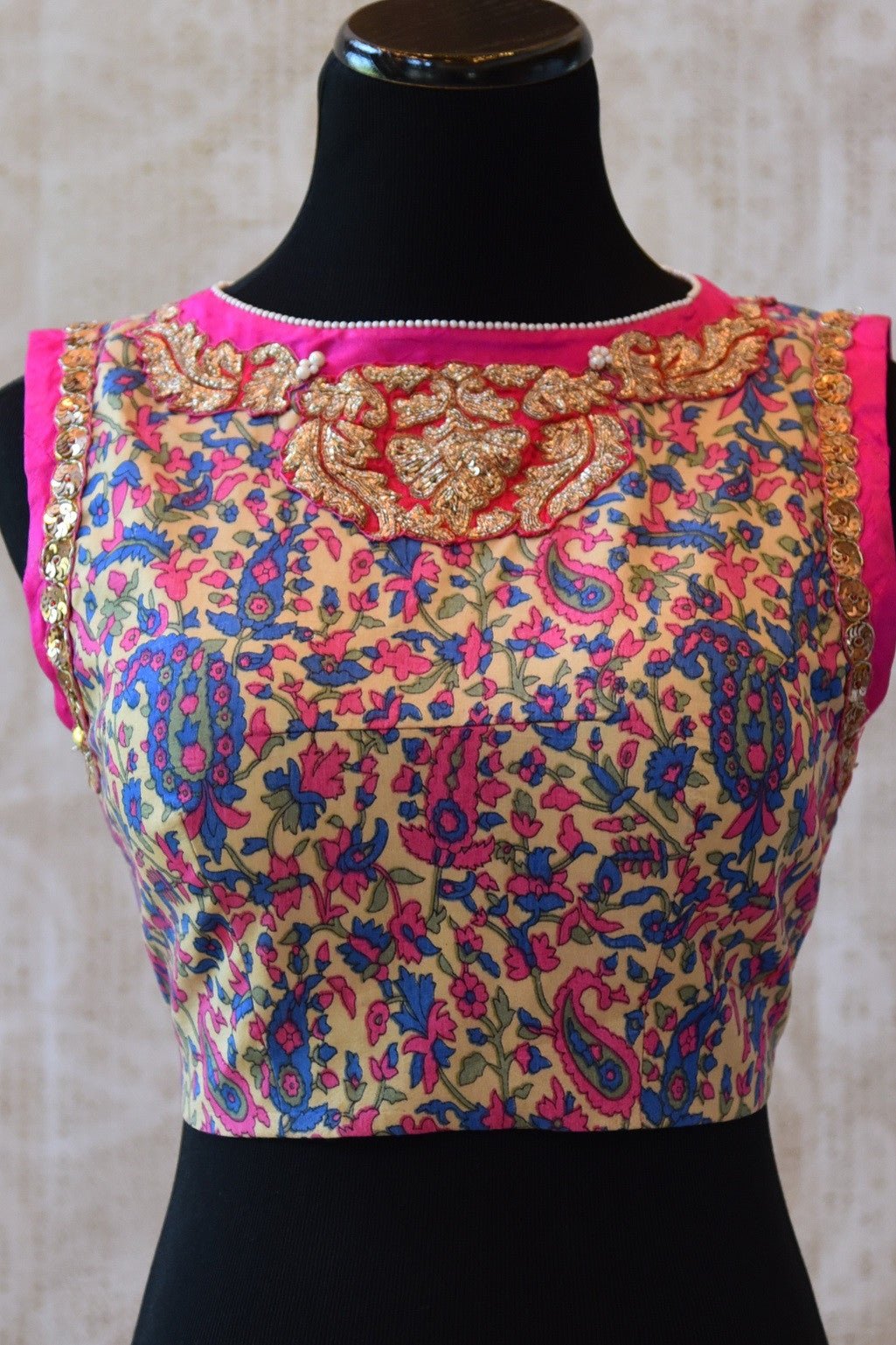 Shop this Indian Ethnic crepe silk blouse with satin embroidery online or from our Pure Elegance store in Edison. This designer blouse is ideal for any wedding. Front View.