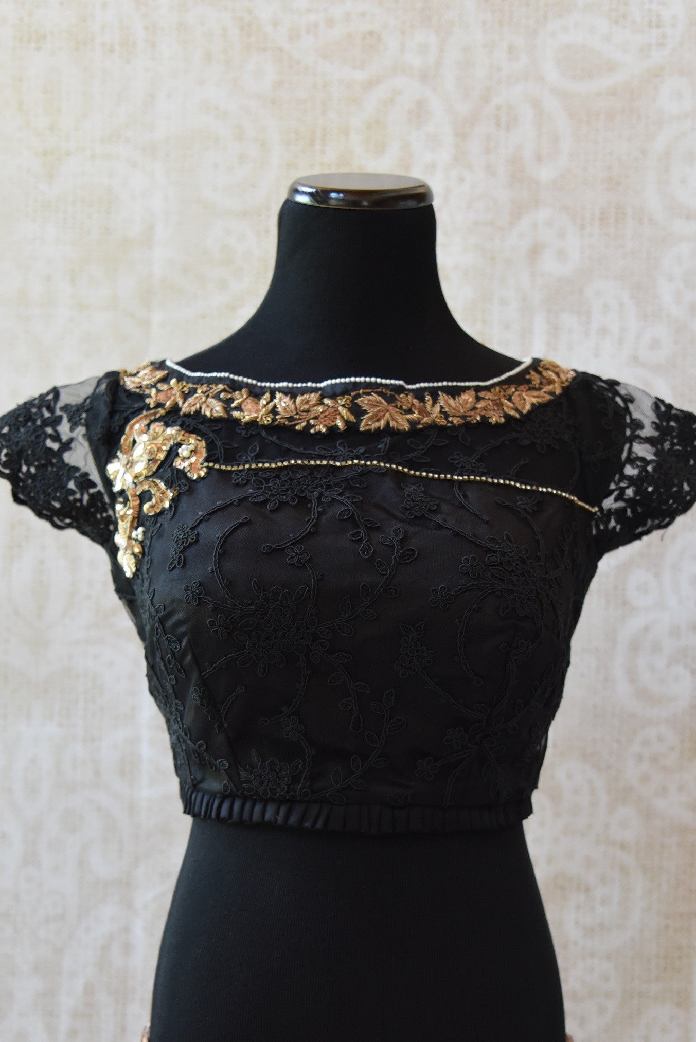 Shop this ethnic Indian cotton silk lace blouse with gold zardozi online or from our Pure Elegance store in Edison. Perfect for any wedding party or reception. Semi sleeved.