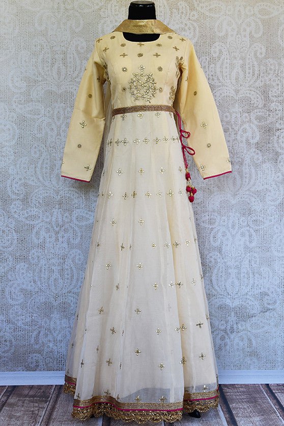  Designer white anarkali with embroidery all over the bodice and hem. Perfect suit in Parties.-full view