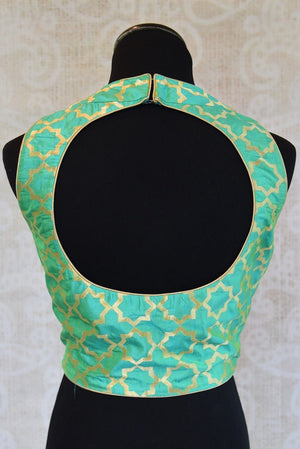 401477 Sleeveless Sea Green Gold Designer Bollywood Style Blouse