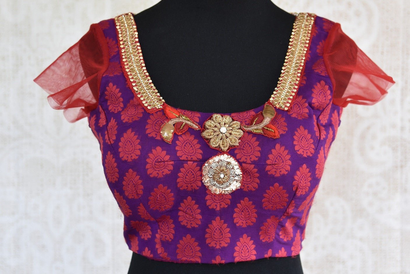 Shop this traditional zardozi benarasi Indian georgette designer blouse from Pure Elegance perfect for any wedding from our Pure Elegance store in USA or online. Front View.