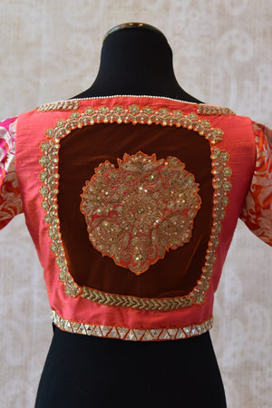 Shop this ethnic Indian raw silk blouse with brocade sleeves from Pure Elegance store in USA and online. It is perfect saree blouse to go for any wedding party. Patch Work.