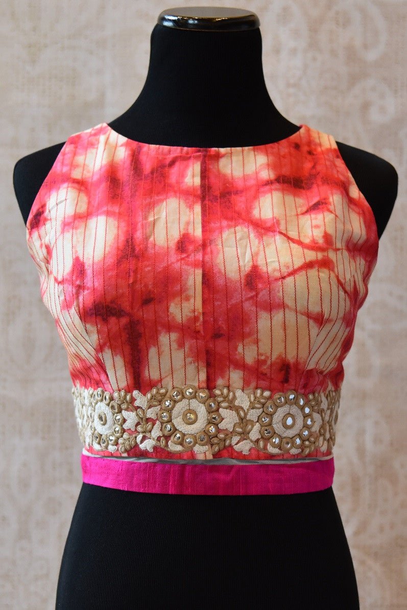 Buy this bollywood style traditional Indian sari blouse online or from our Pure Elegance store near NYC. The Crop top blouse is ideal for any prom or baby shower. Pink and White Blouse.