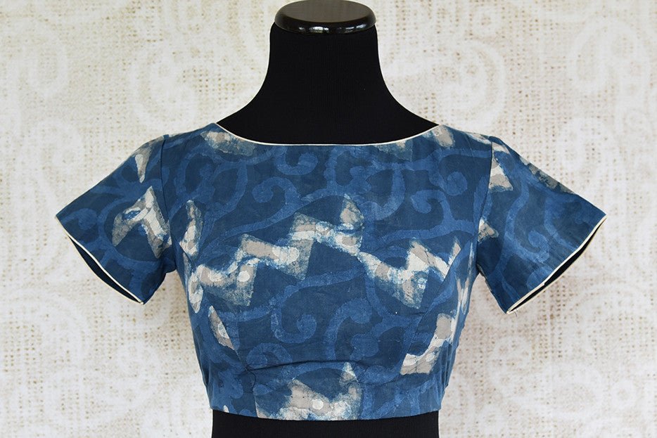 Blue pre stitched cotton designer blouse. Classic blouse to pair with any solid linen saree.-full view