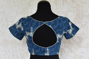 Blue pre stitched cotton designer blouse. Classic blouse to pair with any solid linen saree.-back