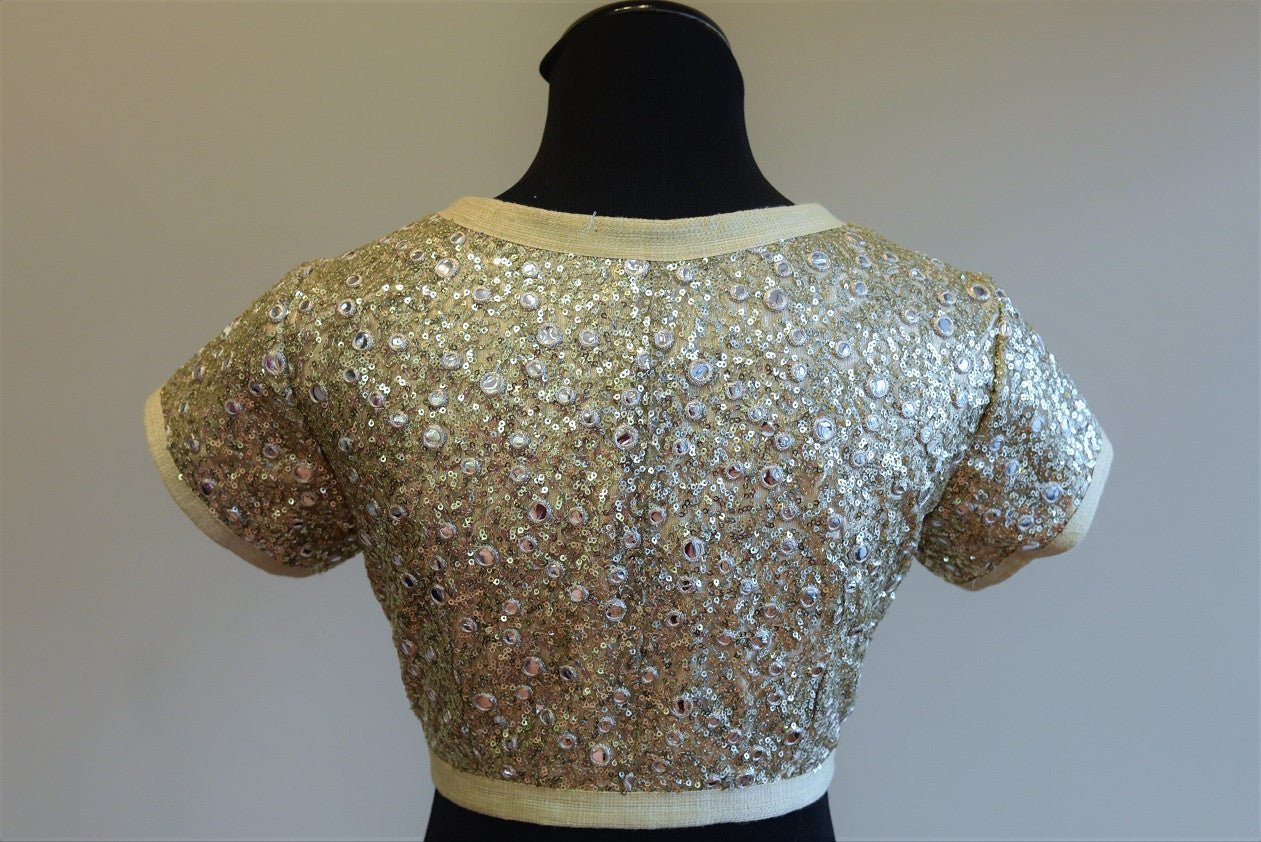 Shop this ethnic Indian Designer raw silk mirror and sequin blouse online or from our Pure Elegance store in USA. It is perfect for any wedding or reception party. Back View.
