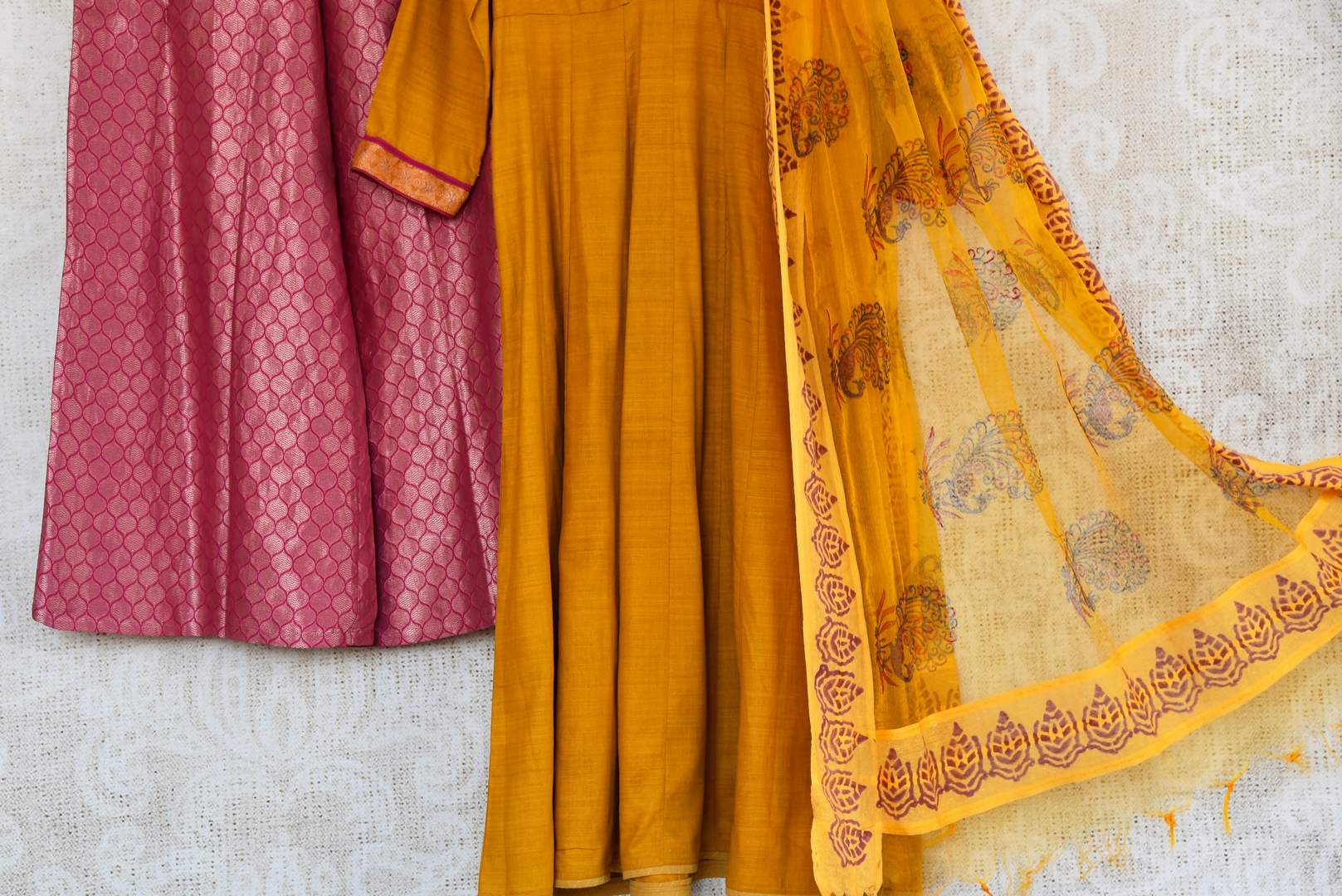 Buy ethnic mustard yellow kurta with Banarasi palazzo online in USA. Exquisite collection of Indian designer suits at Pure Elegance online store in USA. Shop online.-details