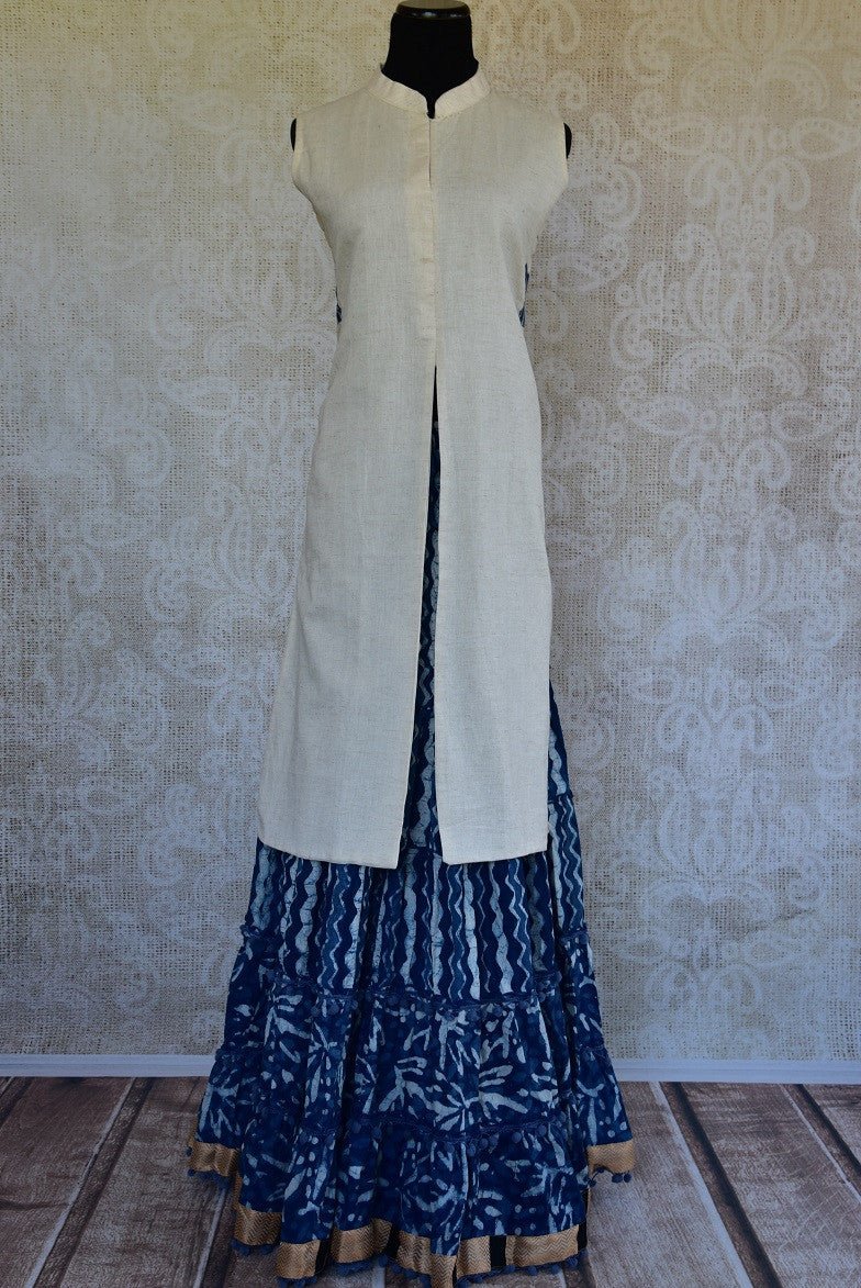 Shop the traditional Indian off white and indigo blue two piece cotton dress online or from our store in NYC. It is perfect for any wedding or reception party. Two Piece.